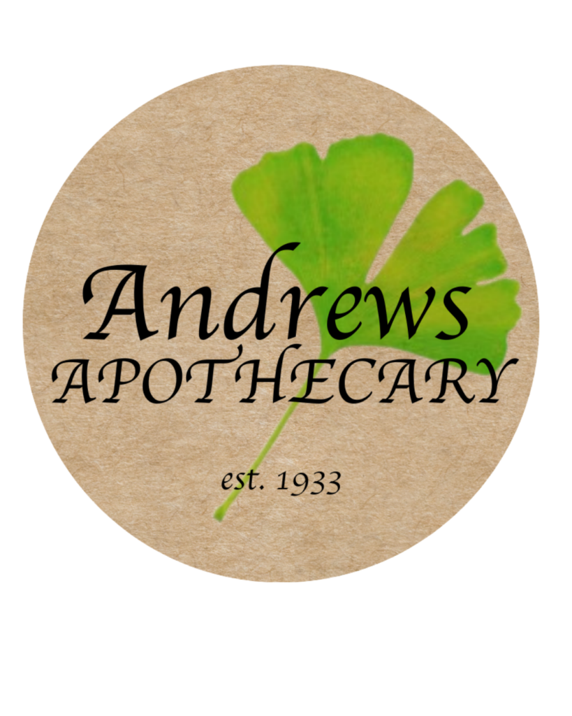 A round logo with a ginkgo leaf on it that says "Andrews Apothecary" and "est. 1933" under it